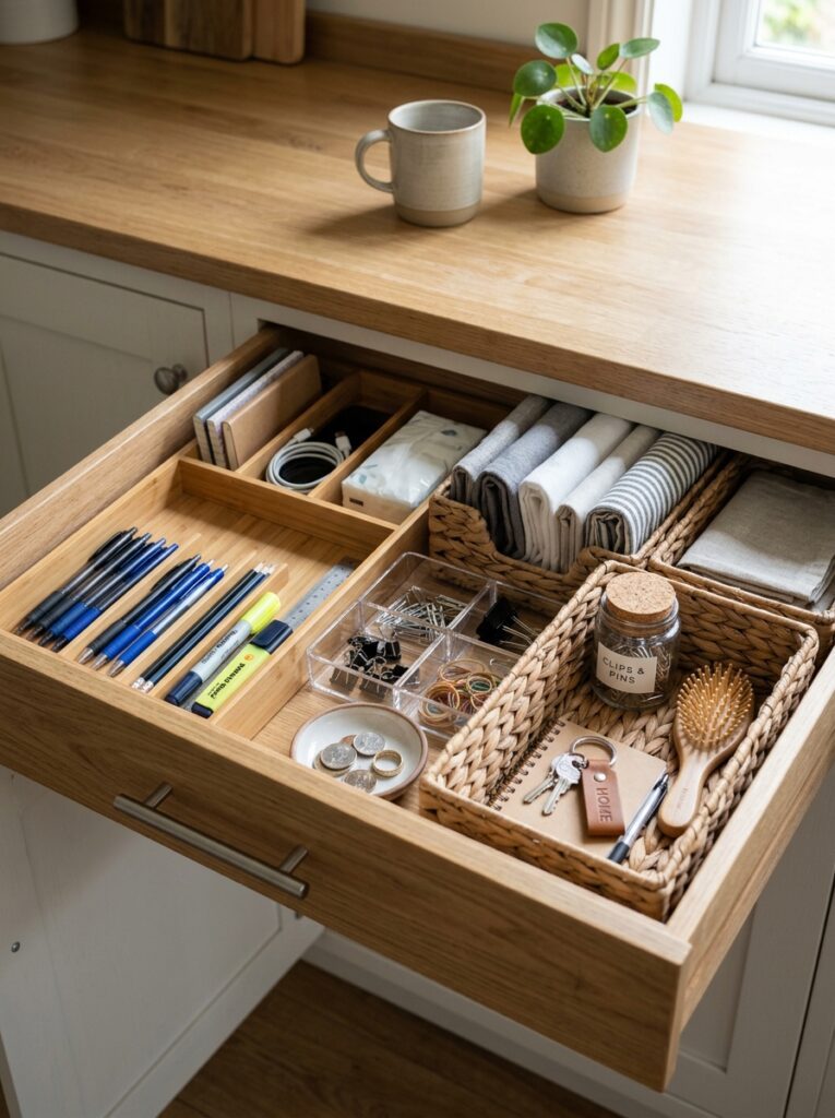Organized drawer showing small zone decluttering and neat arrangement