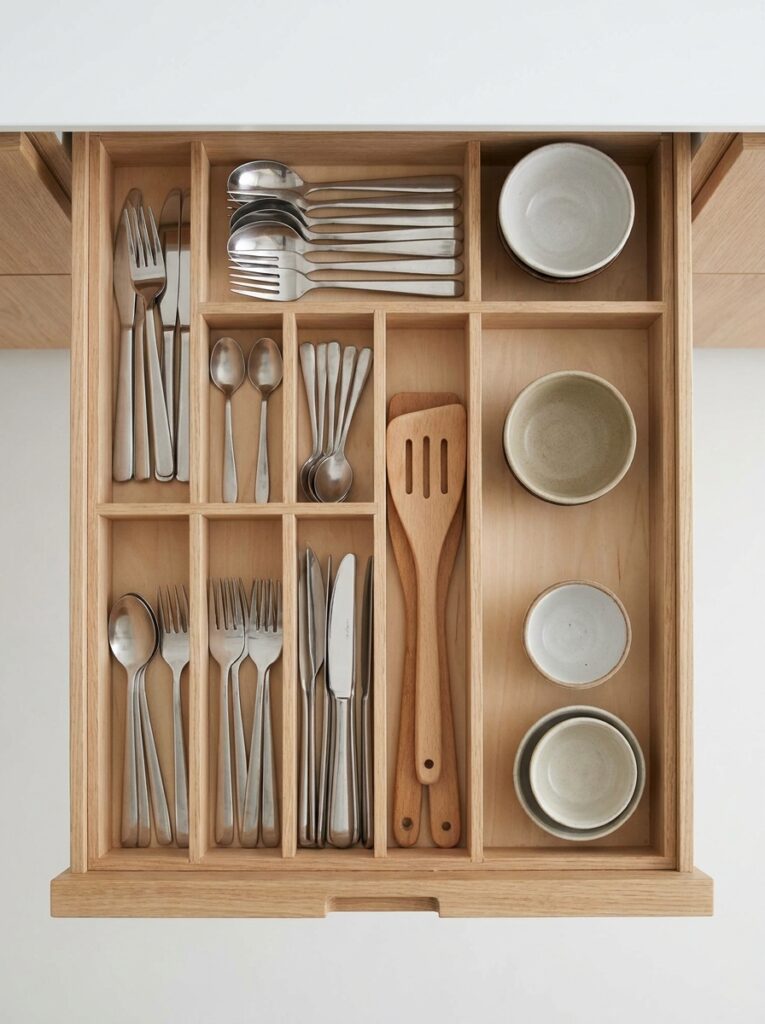 Organized drawer with neatly arranged items using existing space, no additional storage containers