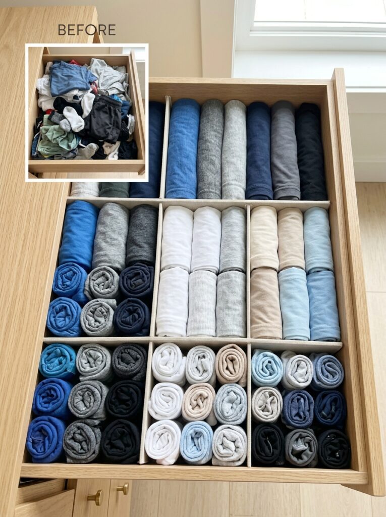 Clothes rolled neatly in a drawer to save space and improve organization in small closets