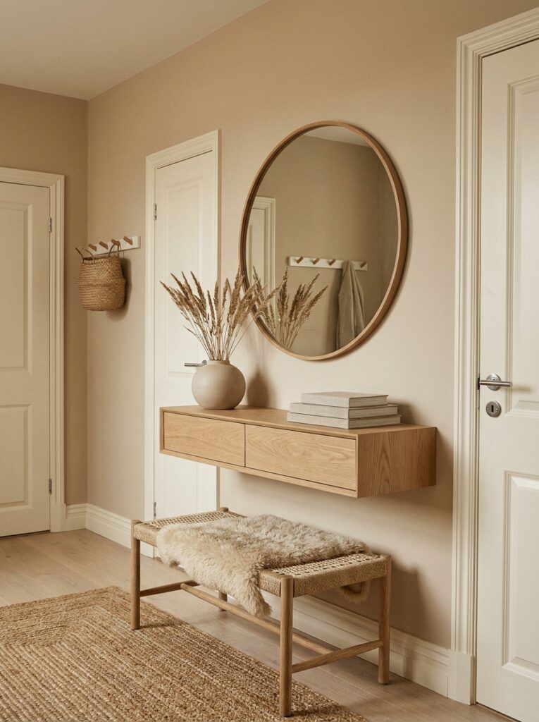 Neutral entryway table decor with cohesive beige white and wood tones