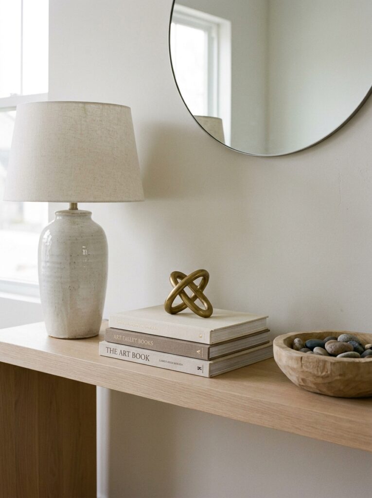 Minimal entryway table with three item decor grouping for balanced styling