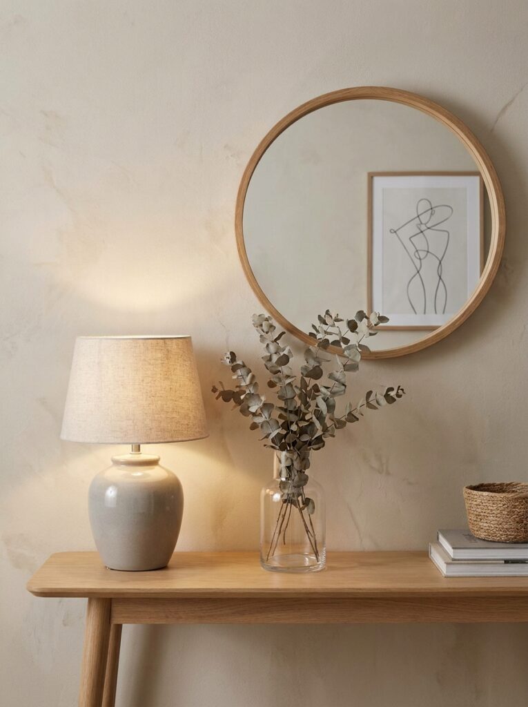 Entryway table styled with lamp vase and mirror for height and balance