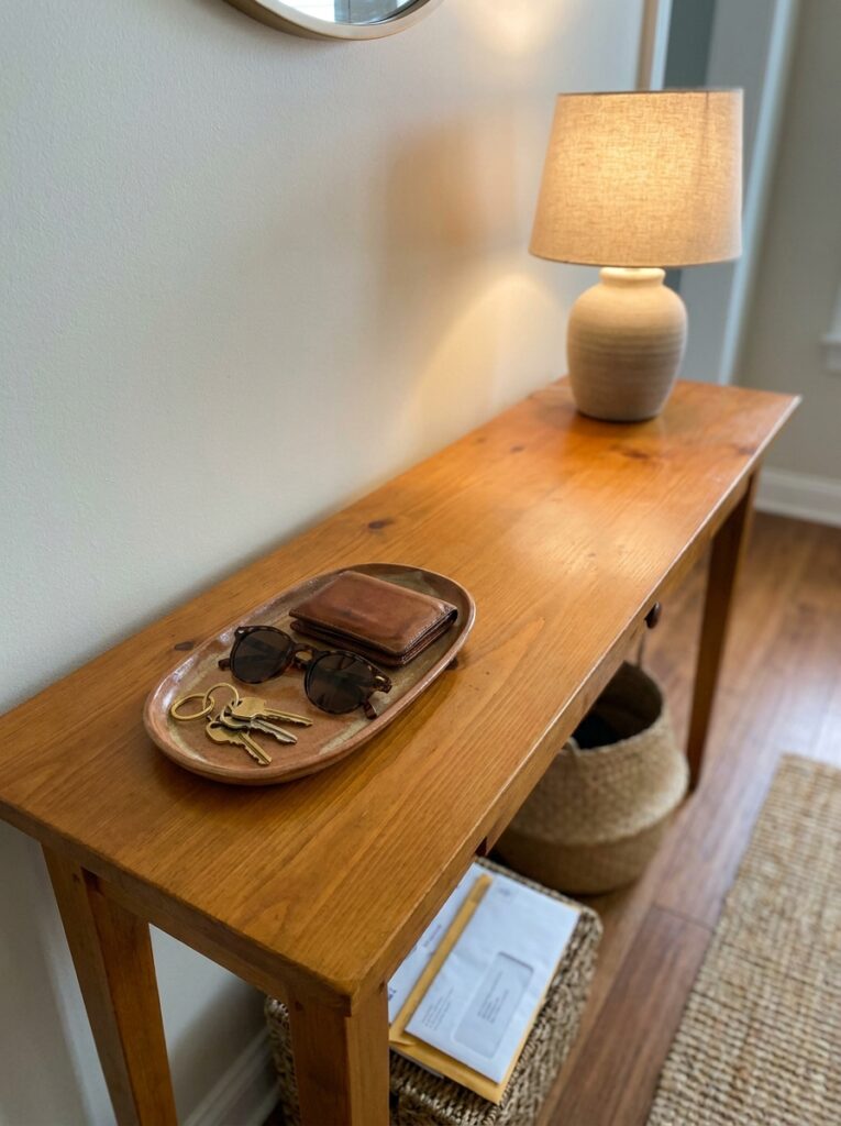 Entryway table with small tray organizing keys wallet and sunglasses