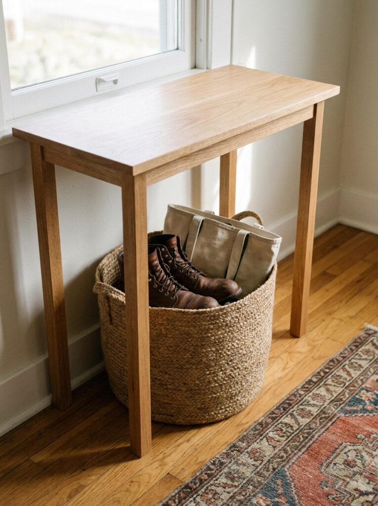 Entryway table with basket underneath for shoe and bag storage