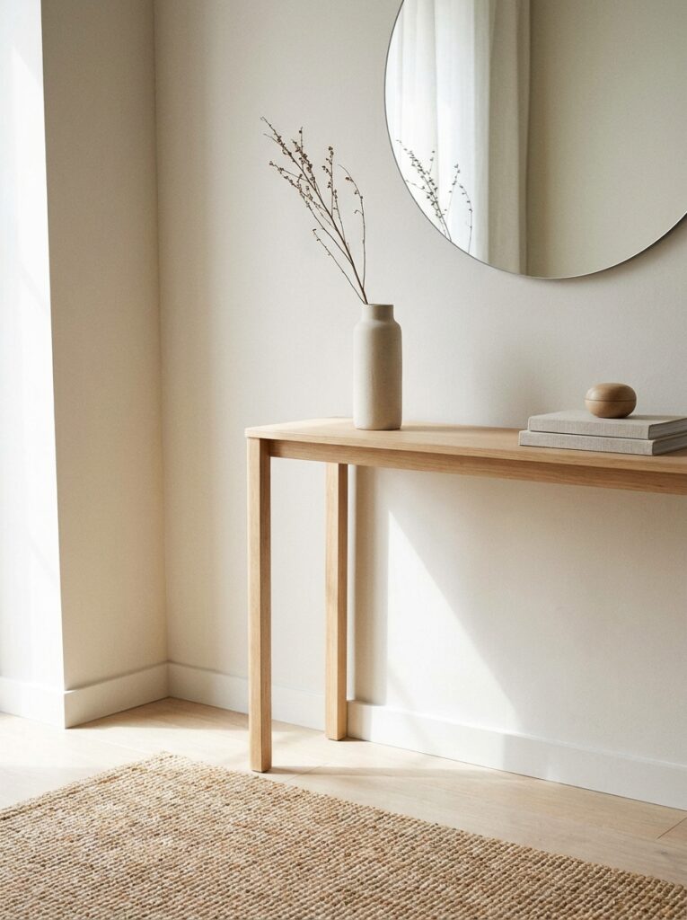 Minimal entryway table with intentional empty space for a clean look