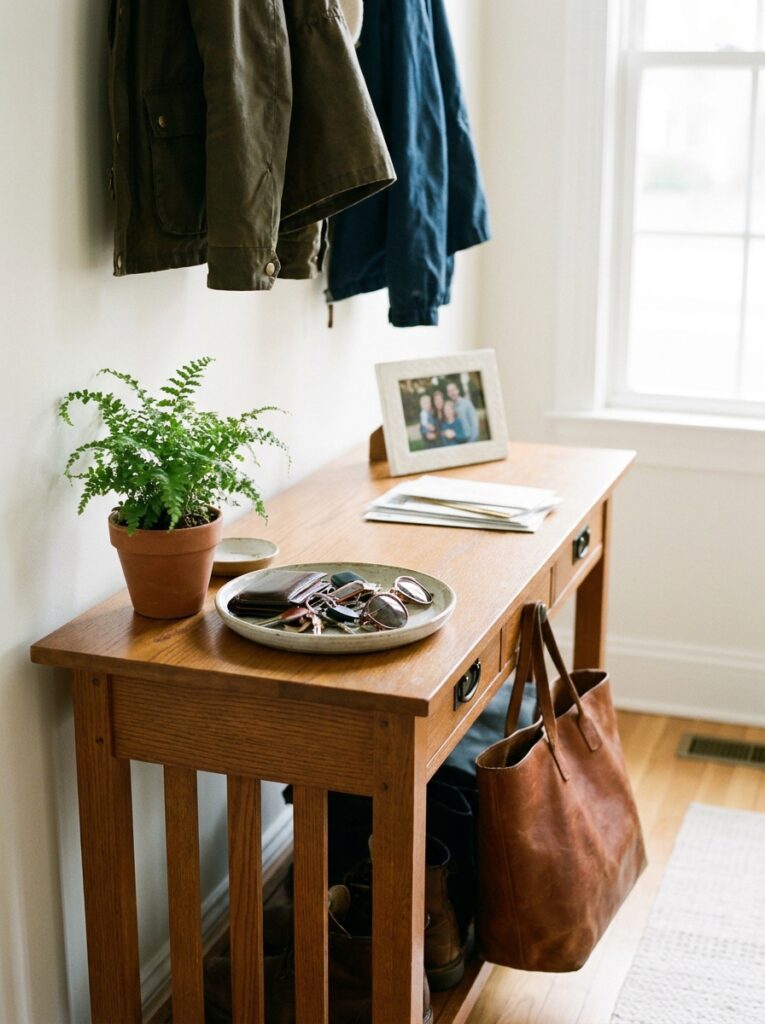 Entryway table styled for everyday use with organized essentials