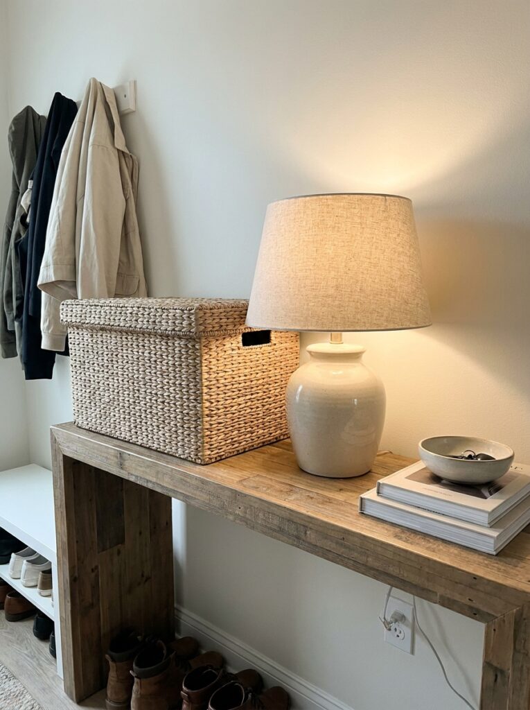 Entryway table with decorative storage box combining style and function