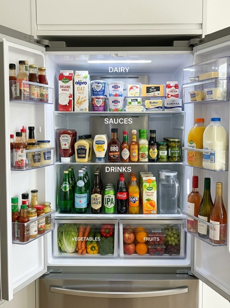 Fridge organized by grouping similar items like drinks sauces and dairy
