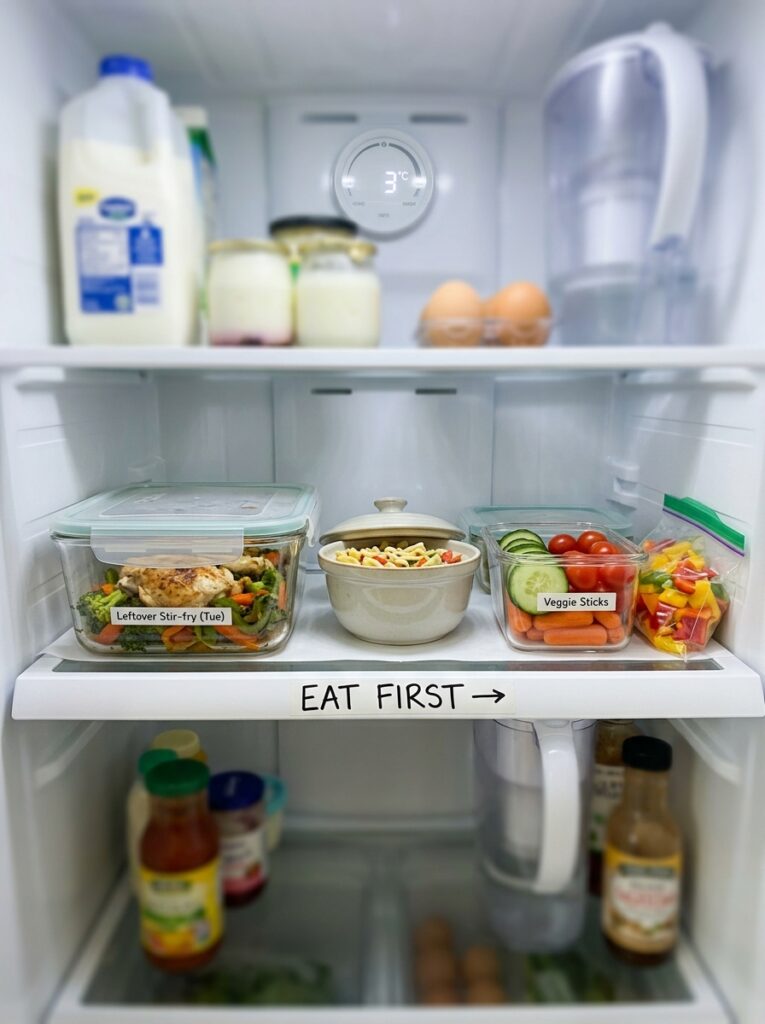 Fridge section labeled eat first for items that need to be used soon