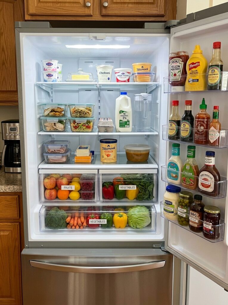 Proper fridge storage showing condiments in door and produce in drawers