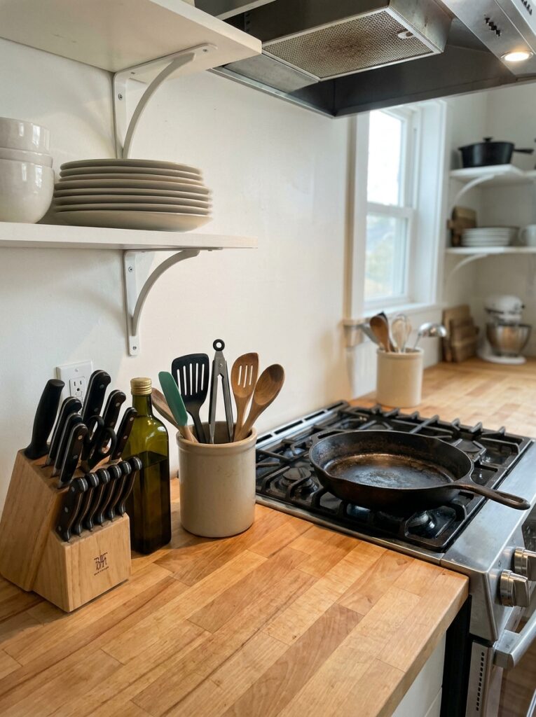 Kitchen setup with frequently used items placed within easy reach for daily use.