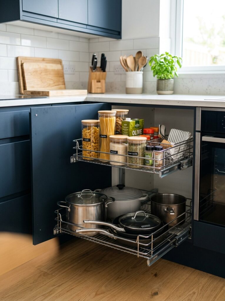 Pull-out kitchen cabinet storage making deep spaces easy to access