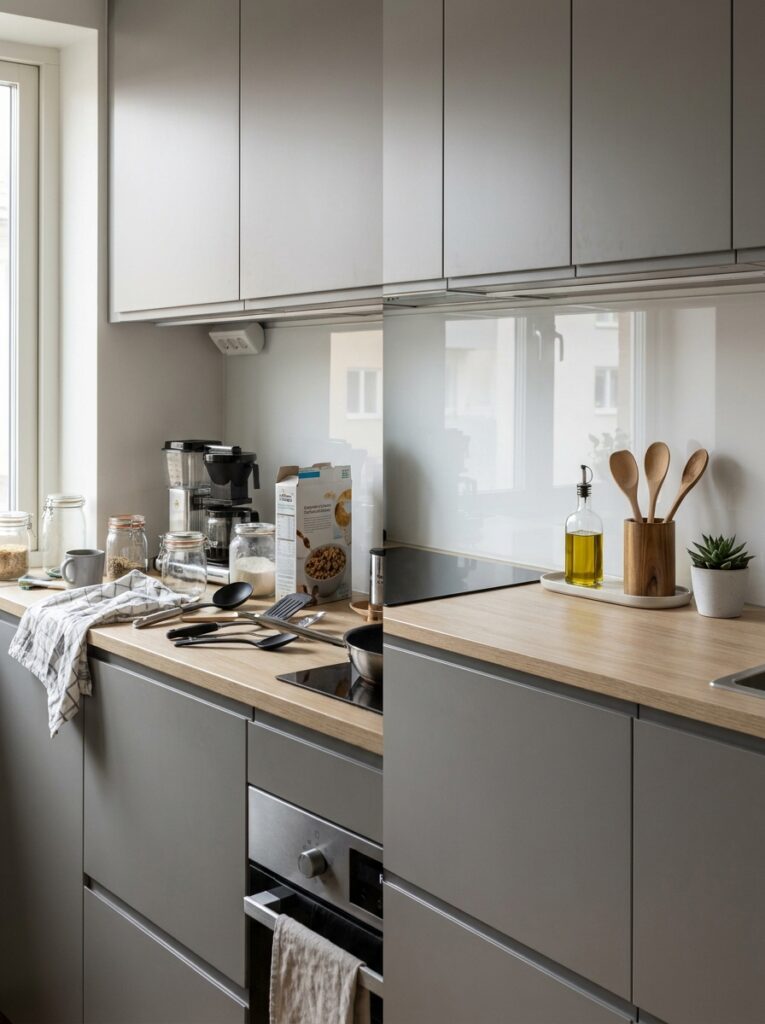 Before and after of a small kitchen counter showing cluttered vs clean, organized setup with minimal items.