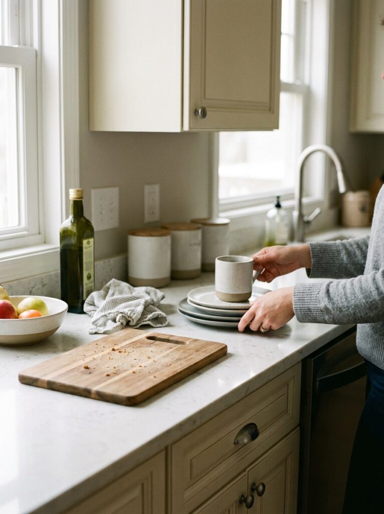 Kitchen counter being cleared with items partially removed to create more space.