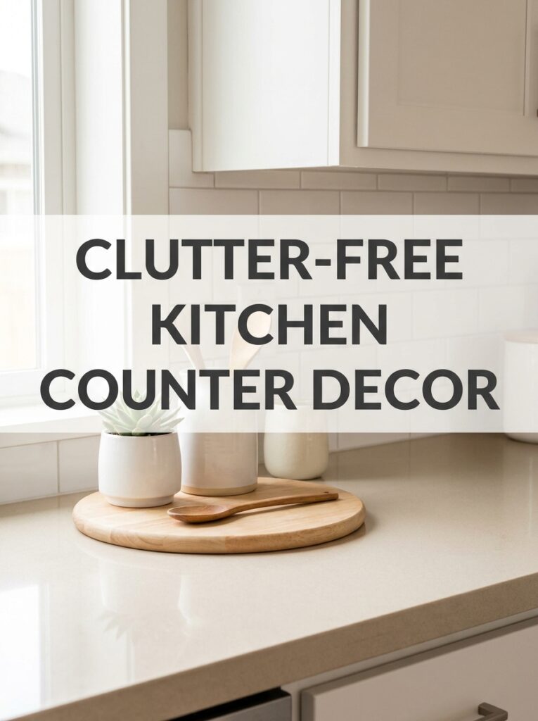 Kitchen counter decor with text overlay showing clutter-free styling ideas