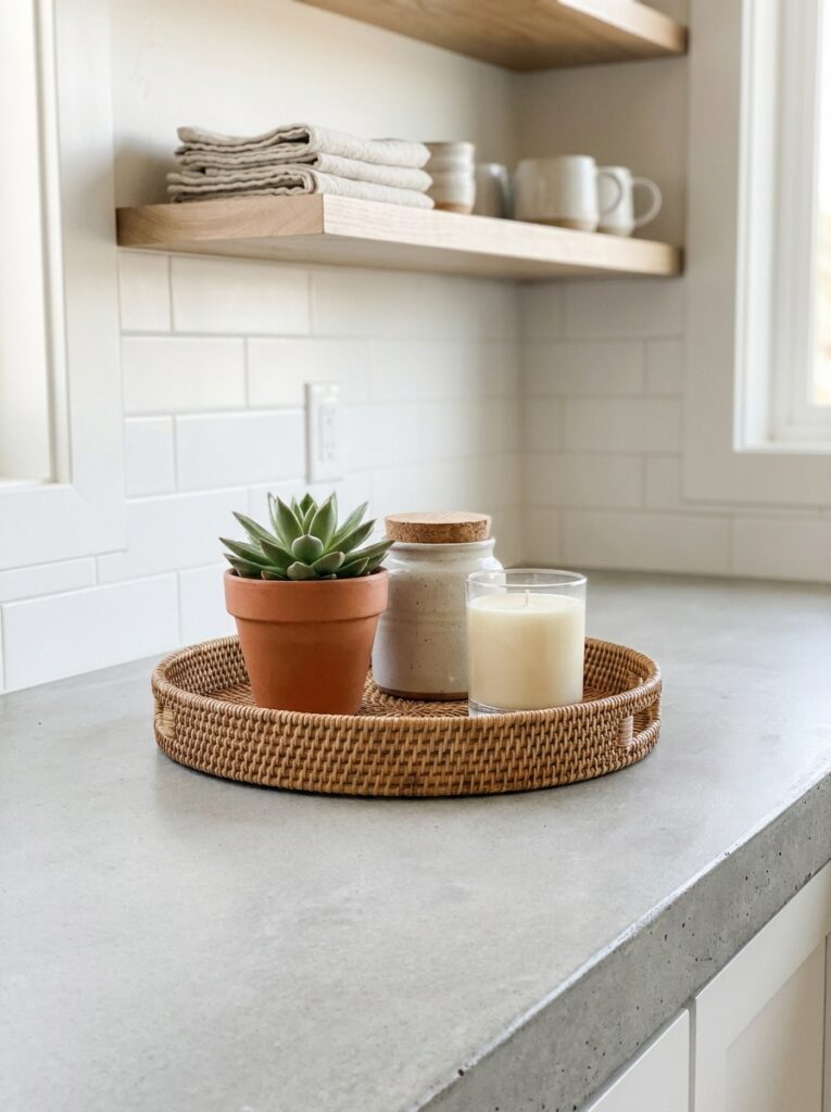 Grouped kitchen counter decor using a tray with plant and small items