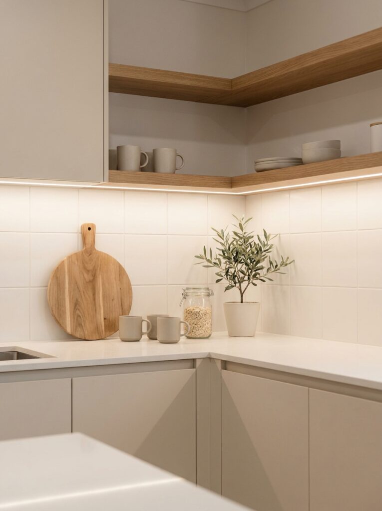 Kitchen counter decor with consistent neutral color tones