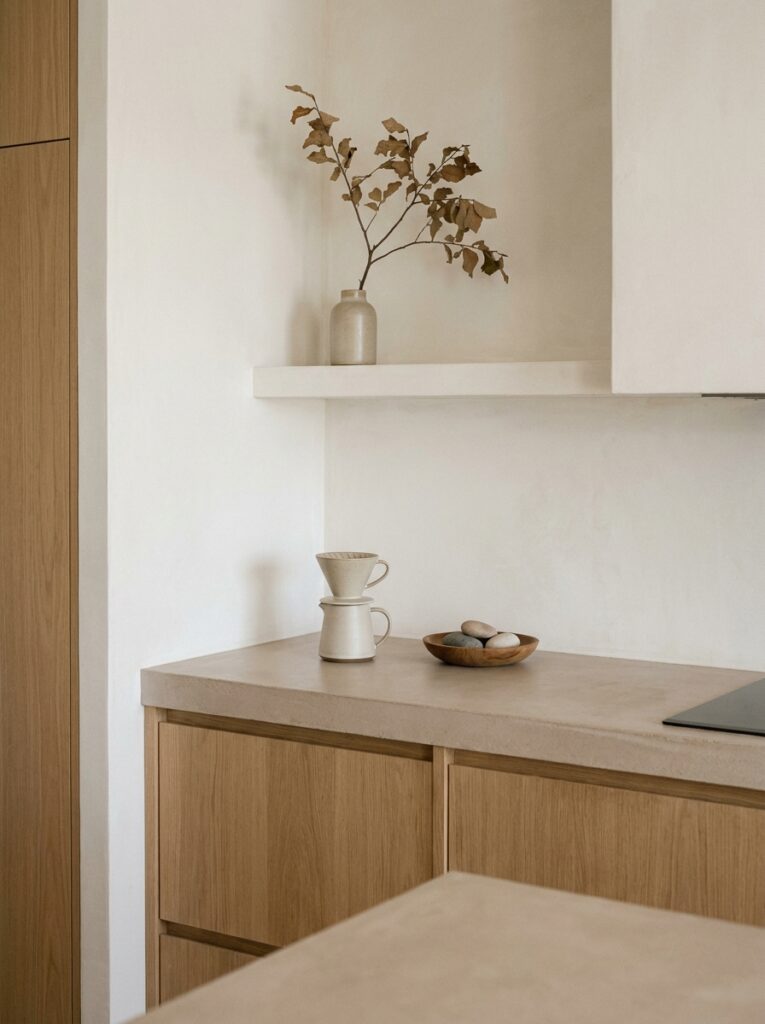 Minimal kitchen counter with reduced visual clutter and neutral tones.