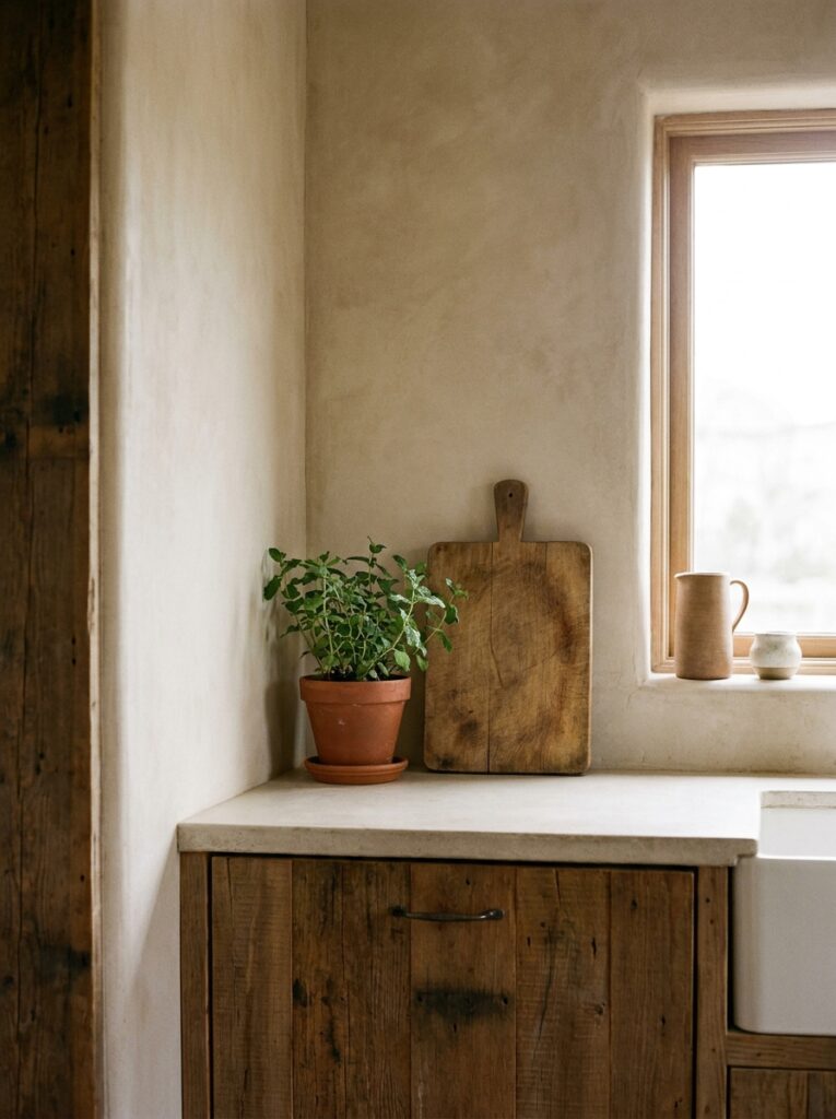 Kitchen counter styled with plant and wooden board for warmth