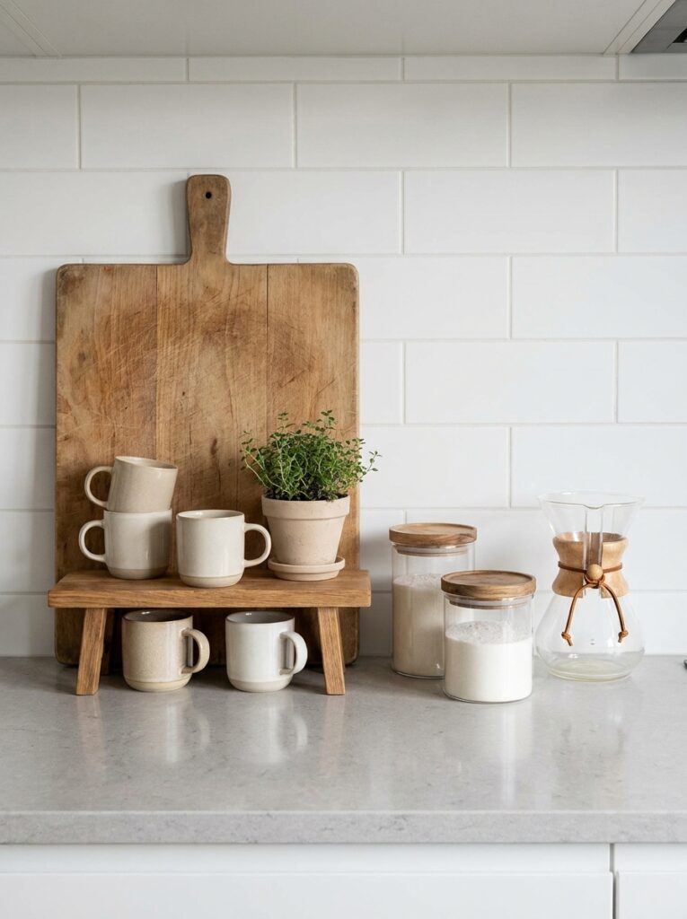 Kitchen counter using vertical space with leaning cutting board