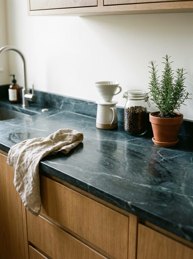 Clean kitchen counter after wiping with only a few items placed back neatly.