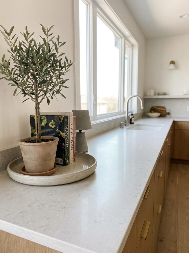 Kitchen counter with decor focused in one corner and rest left empty