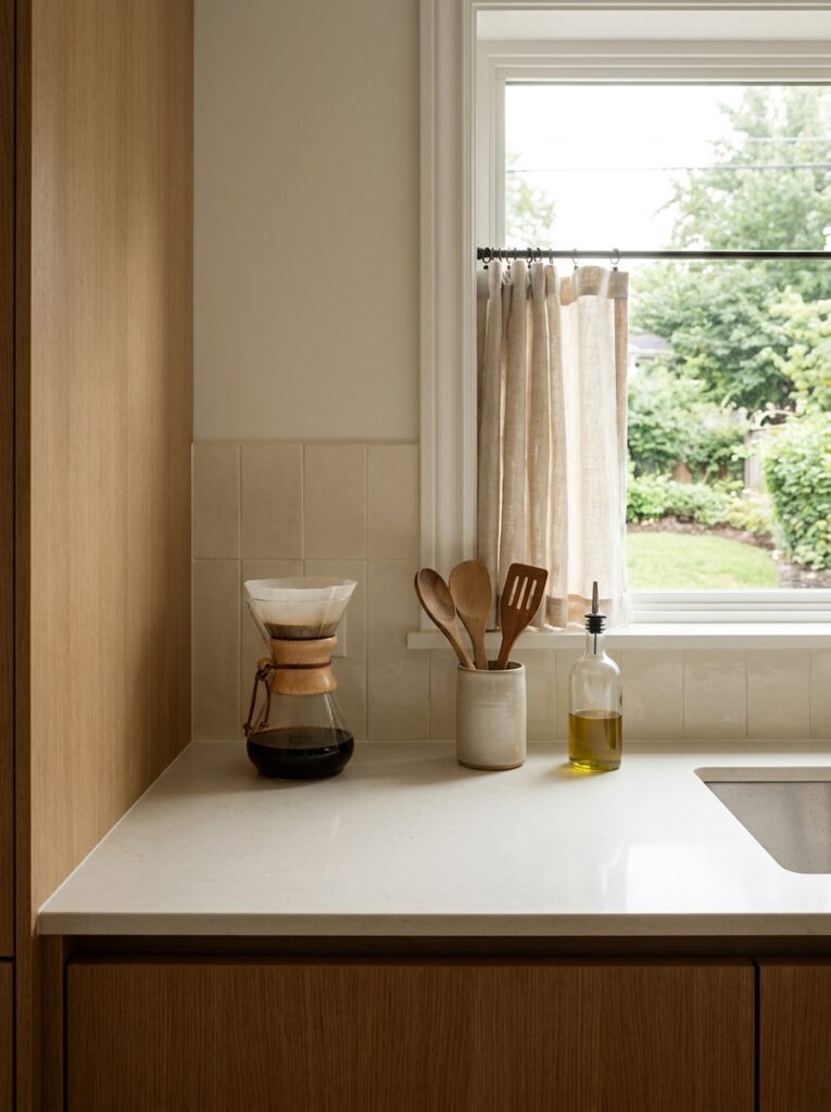 Kitchen counter with only essential items like coffee maker and utensils