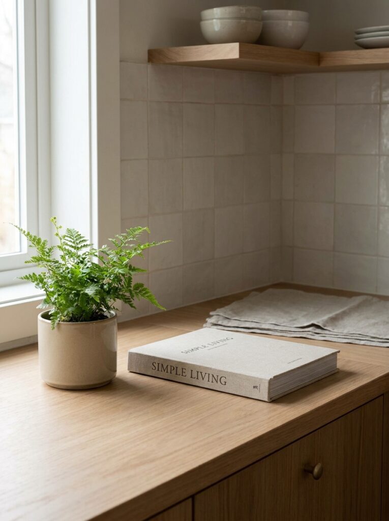Minimal kitchen counter with very few items, clean and clutter-free small apartment surface styling
