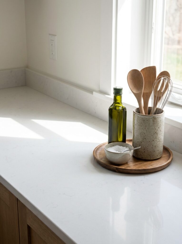Kitchen counter with essential items grouped neatly on a tray for a clean, organized look.