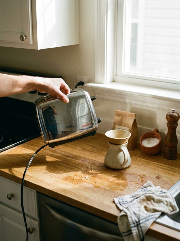Kitchen counter with only daily-use items left while extra appliances are removed.