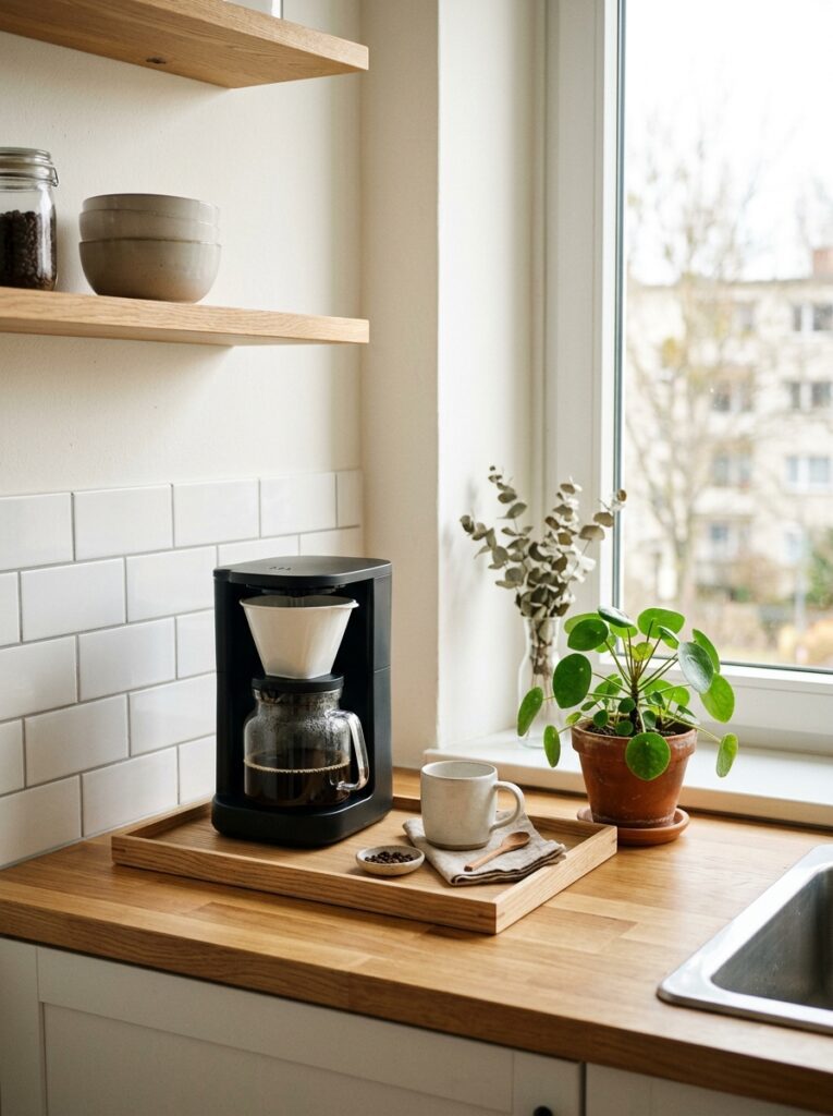 Clutter-free small kitchen counter with only daily essentials and minimal decor