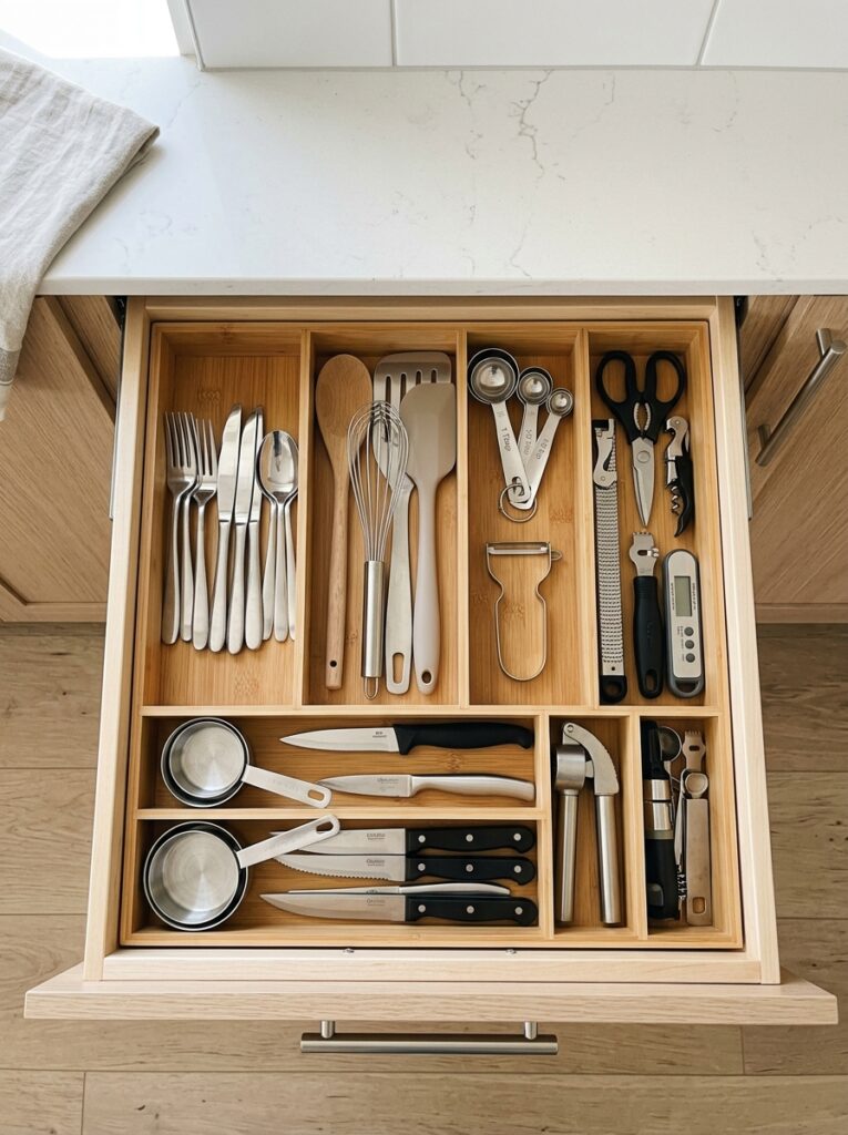 Organized kitchen drawer with dividers separating utensils and tools