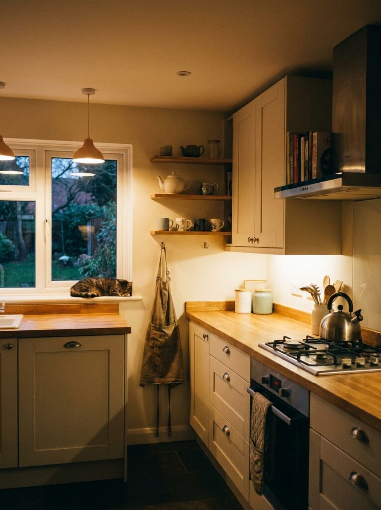 Kitchen after a simple daily reset with clean counters and items put away.