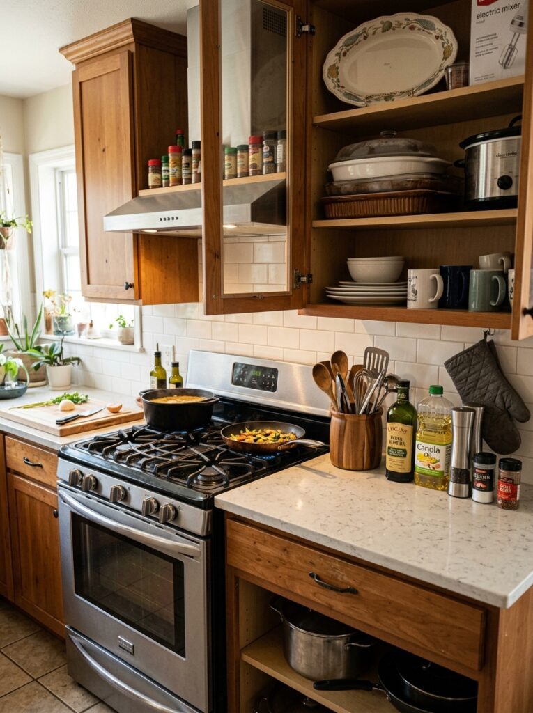 Kitchen items organized by usage with essentials placed within easy reach