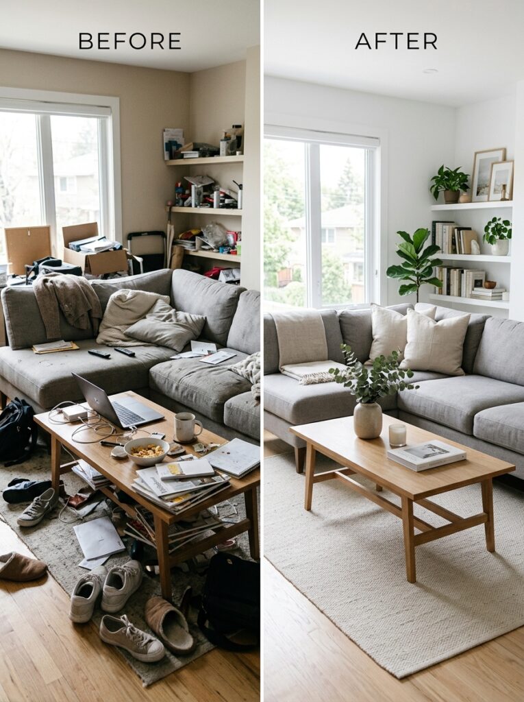Before and after decluttering transformation of a messy living room into a clean organized space