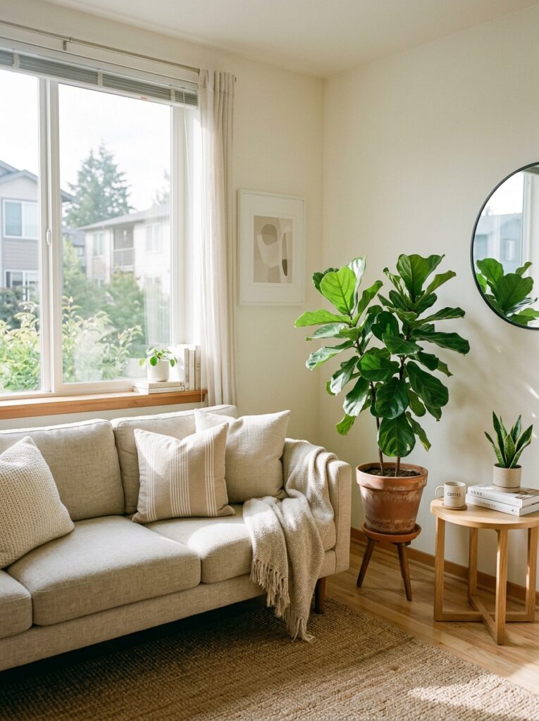 Living room corner featuring indoor plant near sofa and natural light