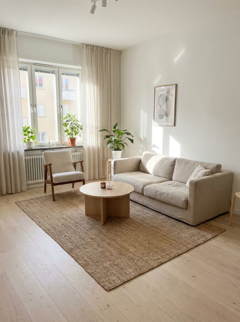 Small living room with improved furniture layout creating open pathways and better flow without adding storage