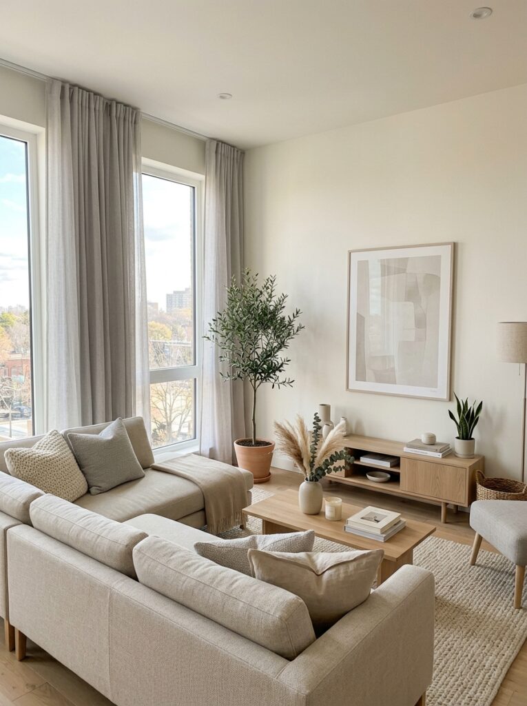 Living room with simple neutral color palette and cohesive styling