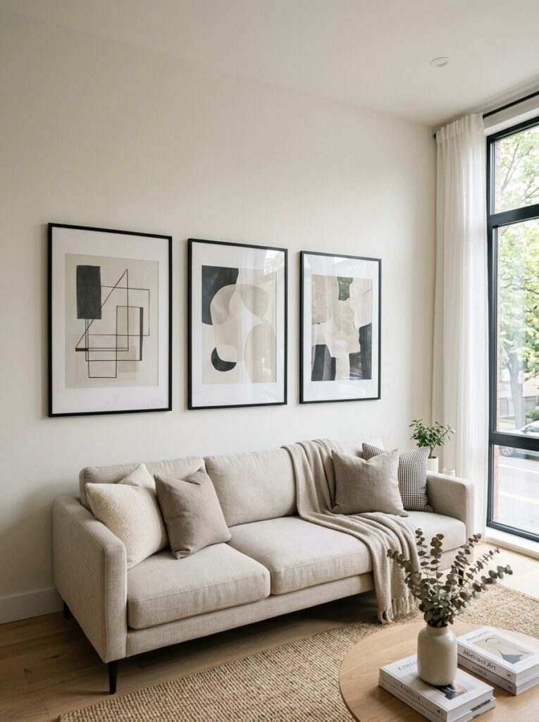 Living room wall with balanced large artwork and clean spacing