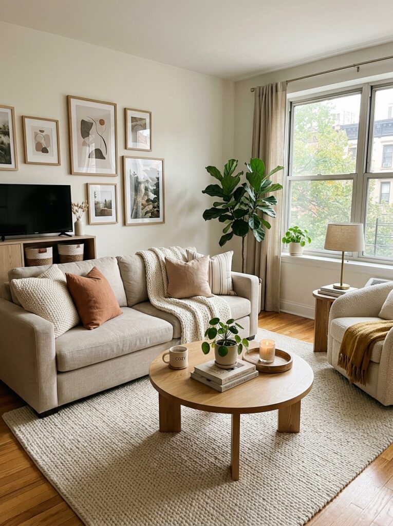Living room showing large area rug properly anchoring sofa and seating area
