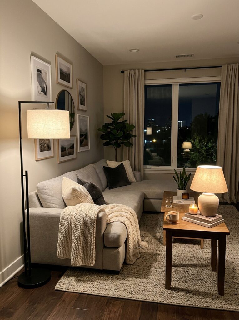 Living room with warm layered lighting using floor and table lamps