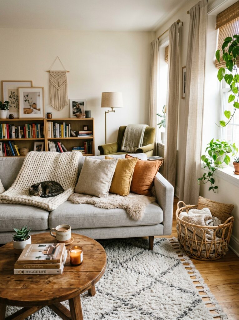 Living room styled with soft textures like throws, cushions, and woven decor