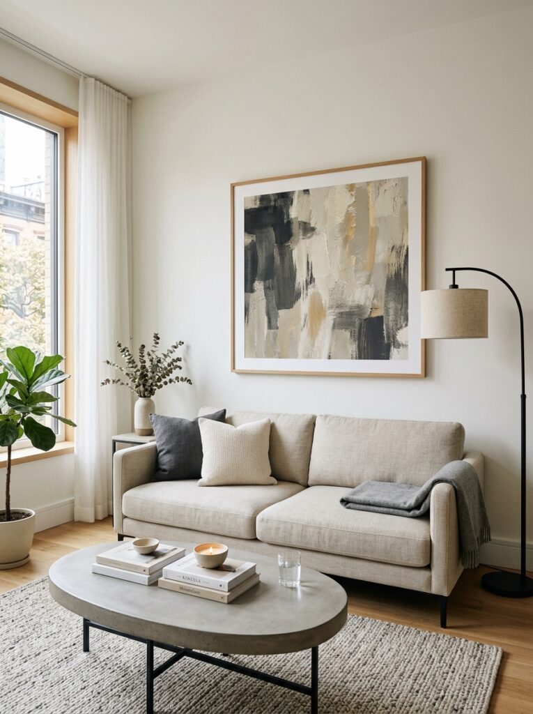 Living room with a statement wall art creating a focal point above the sofa
