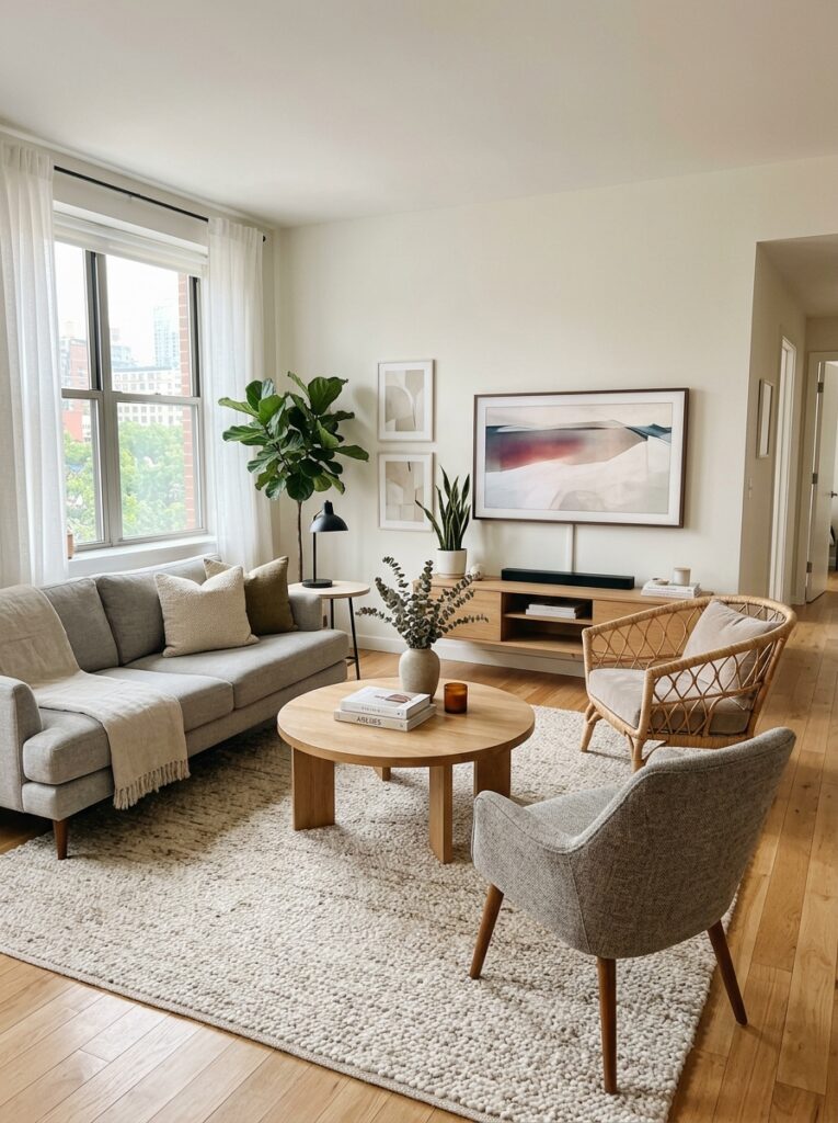 Living room with balanced furniture layout centered around a coffee table and TV