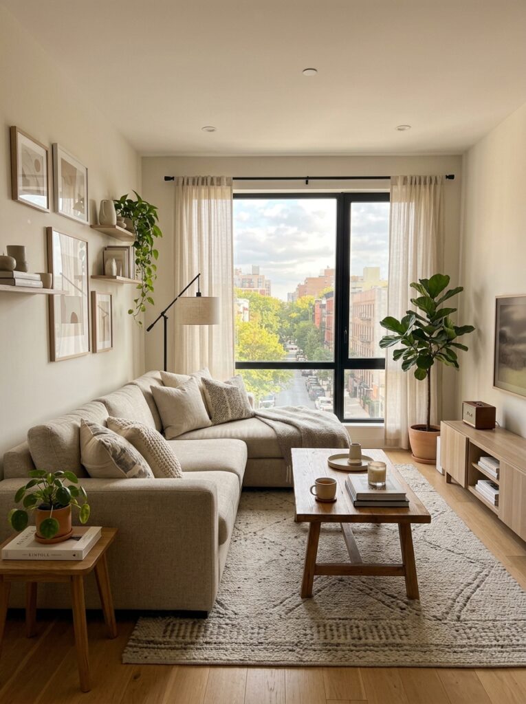 Cozy modern living room with neutral decor, soft textures, warm lighting, and balanced layout