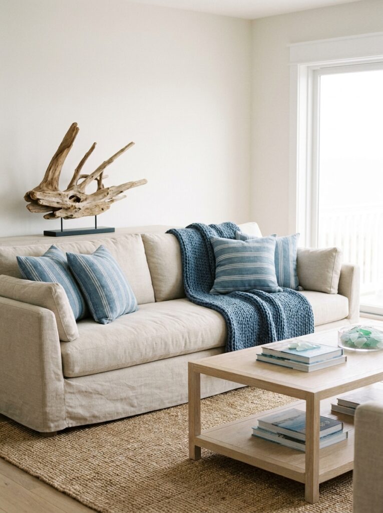 Coastal living room with subtle blue accent pillows on a neutral sofa