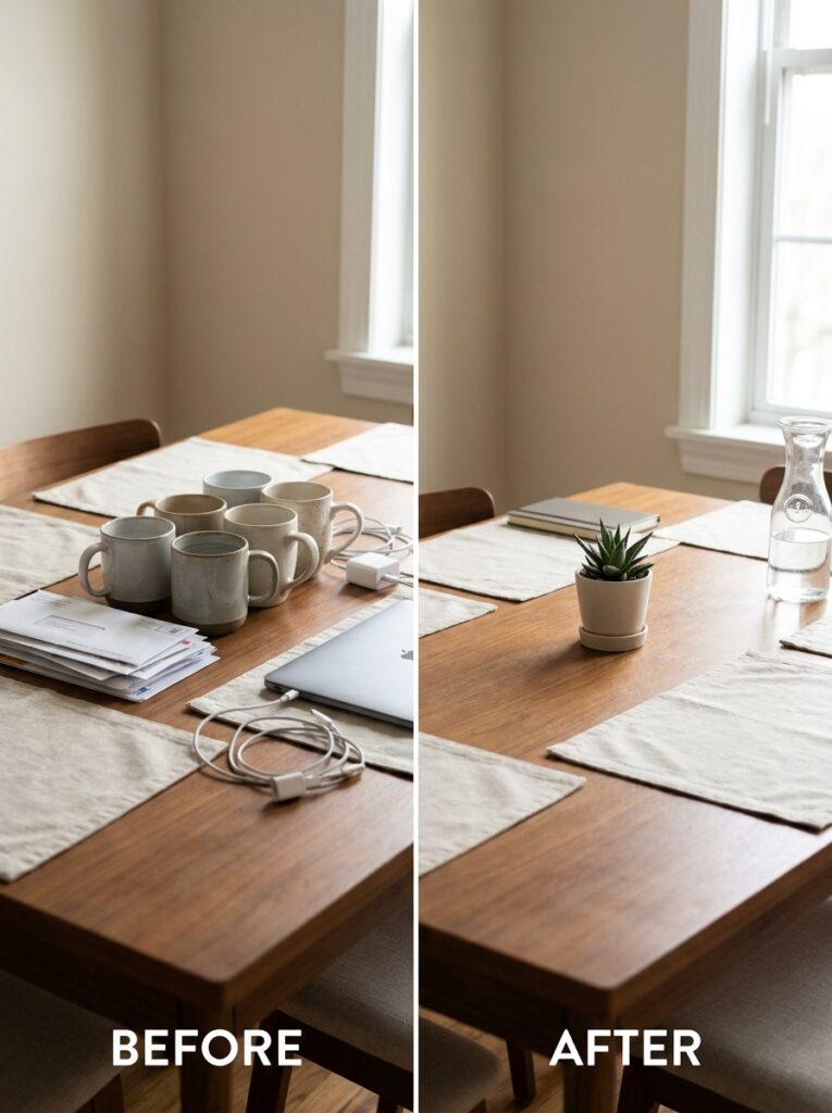 Decluttered small apartment table with only essential items, showing reduced clutter and simplified living space