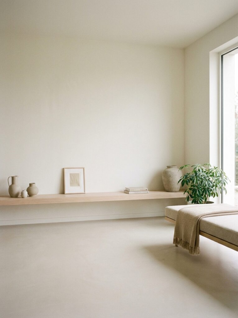 Minimal shelf with empty space between objects, creating an airy and uncluttered small apartment look