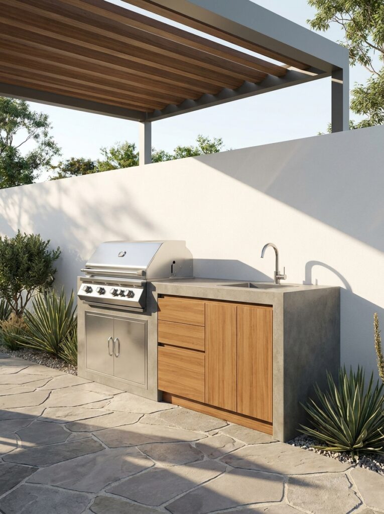 Simple outdoor kitchen setup with grill and counter space in a small backyard