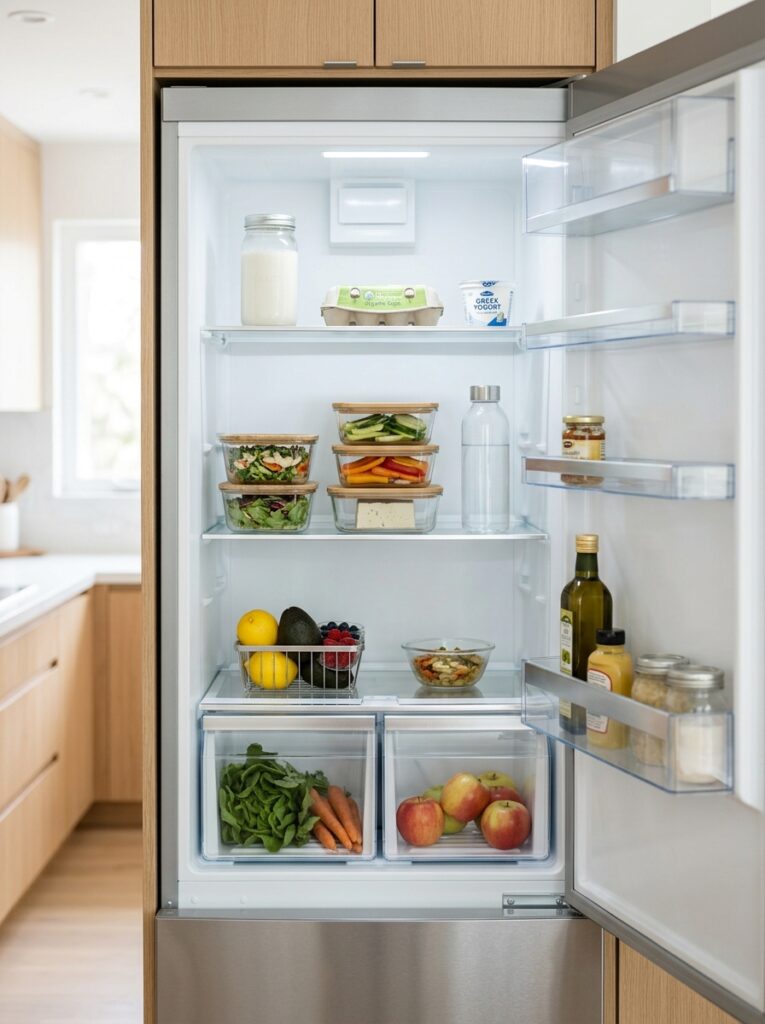 Minimal fridge setup with only essential items and clean organized shelves